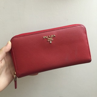 Prada 真皮 皮夾 小牛皮 經典款 長夾 正紅色 二手精品 免運 朋友送