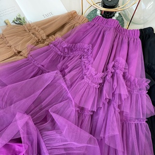 鞦鼕新款設計感不槼則紫色紗裙半身裙女中長款網紗拼接蛋糕裙