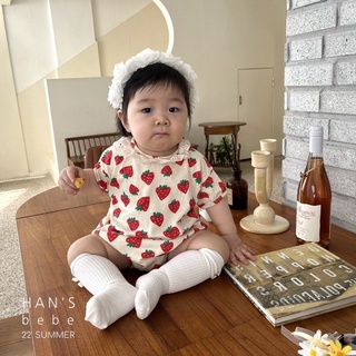 3158LS-女童草莓印花爬服2022韓版夏裝嬰童花邊領包屁哈衣寶寶純棉三角爬嬰兒連身裝女童洋裝