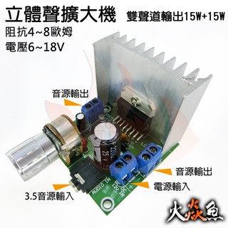 火焱魚 立體聲 擴大機 模組 電壓 6V ~ 18V 雙聲道 15W + 15W DIY