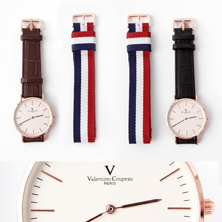 范倫鐵諾Valentino玫金雙錶帶帆布皮革組合錶【NE1849】