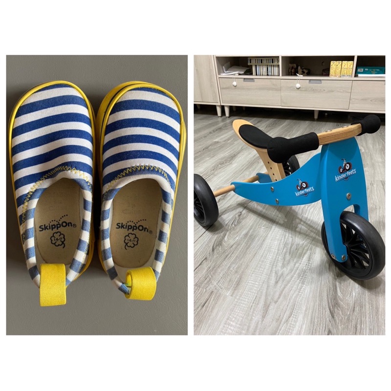 ［二手］Kinderfeets 美國木製平衡滑步車-初心者三輪系列 (藍勇士)及日本 SkippOn 兒童機能鞋14號