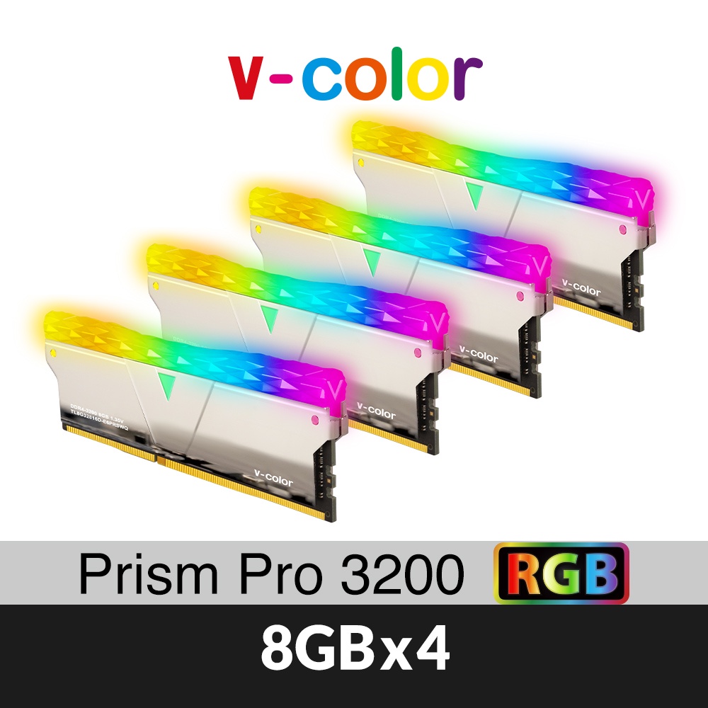 v-color 全何 Prism Pro系列 DDR4 3200 32GB(8GBX4) RGB 桌上型超頻記憶體(銀)