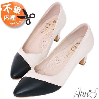 Ann’S雋永品味-纖瘦V口經典小羊皮全真皮粗跟尖頭包鞋6cm-黑白