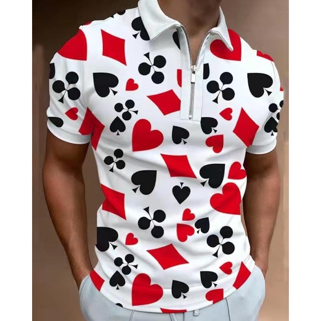 夏季男士短袖拉鍊polos 3D數位列印各種圖案男士服裝舒適透氣聚酯纖維材質polo衫