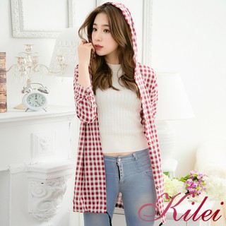 【Kilei】女裝 女生衣著 格紋連帽抽繩擺長版上衣XA3920(棗紅白格)全尺碼