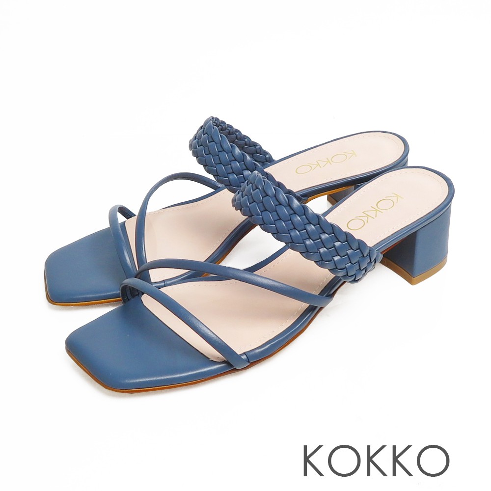 KOKKO時髦方頭細帶編織牛皮粗跟涼拖鞋經典藍