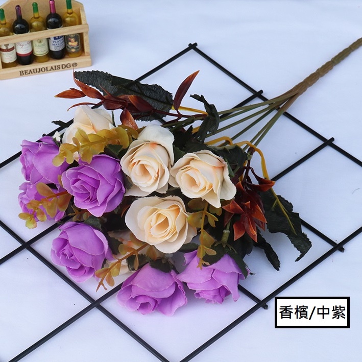 台灣出貨 12頭歐式雙色玫瑰 仿真玫瑰花 仿真花 人造花 塑膠花 擬真花 絹花 人造花 居家裝飾 餐桌擺設 蝦皮購物