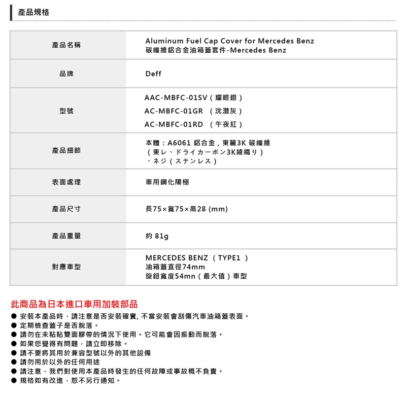 產品規格產品名稱品牌型號產品細節Aluminum Fuel Cap Cover for Mercedes Benz碳纖維鋁合金油箱蓋套件-Mercedes BenzDeffAAC-MBFC-01SV (耀眼銀 AC-MBFC-01GR (沈潛灰AC-MBFC-01RD (午夜紅)本體:A6061鋁合金,東麗碳纖維(東3K織)、()表面處理車用鋼化陽極產品尺寸長75寬75高28(mm)產品重量約 MERCEDES BENZ (TYPE1 )對應車型油箱蓋直徑74mm旋鈕寬度54mn(最大值)車型此商品為日本進口車用加裝部品安裝本產品時,請注意是否安装確實,不當安裝會刮傷汽車油箱蓋表面。定期檢查蓋子是否脫落。 請勿在未粘貼雙面膠帶的情況下使用。它可能會因振動而脫落。如果您覺得有問題,請立即移除。 請不要將其用於兼容型號以外的其他設備請勿用於以外的任何用途● 請注意,我們對使用本產品時發生的任何故障或事故概不負責。規格如有改進,恕不另行通知。
