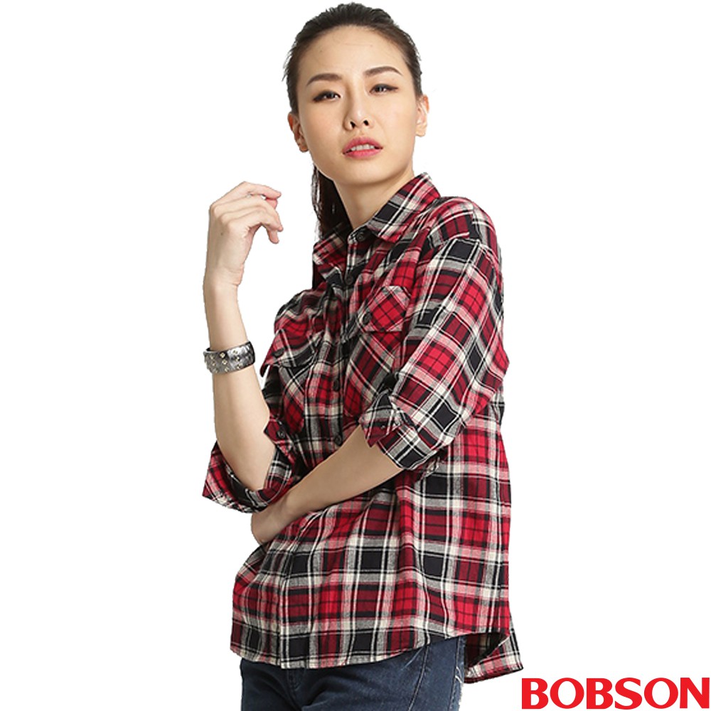 BOBSON 女款寬版格紋長袖襯衫(32124-15)