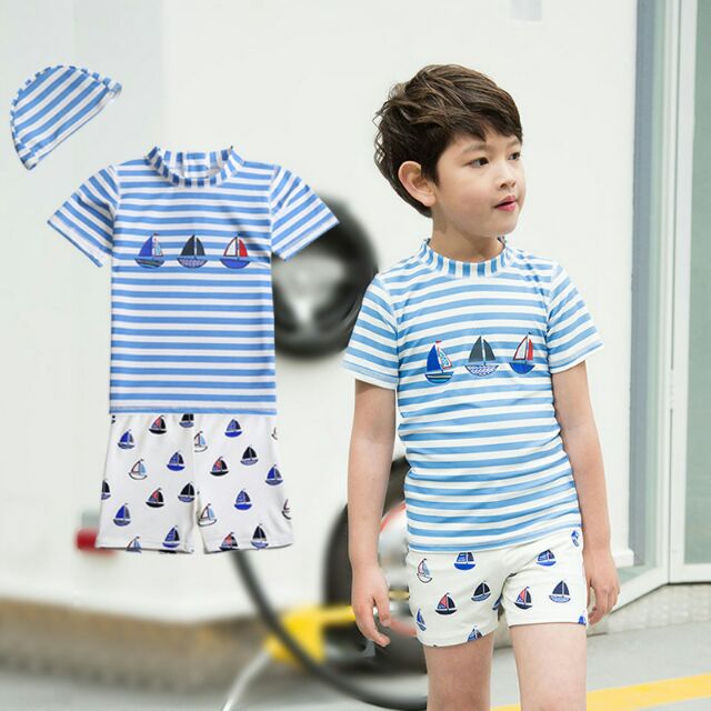18新款韓國男童兩件式分體泳衣兒童防晒溫泉泳衣男童泳褲泳帽