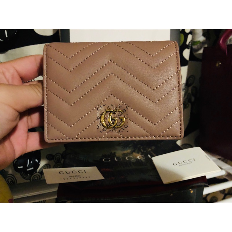 Gucci Marmont 馬夢 雙G小logo 藕粉 女短夾 拉鍊零錢袋 台灣專櫃購入 全新