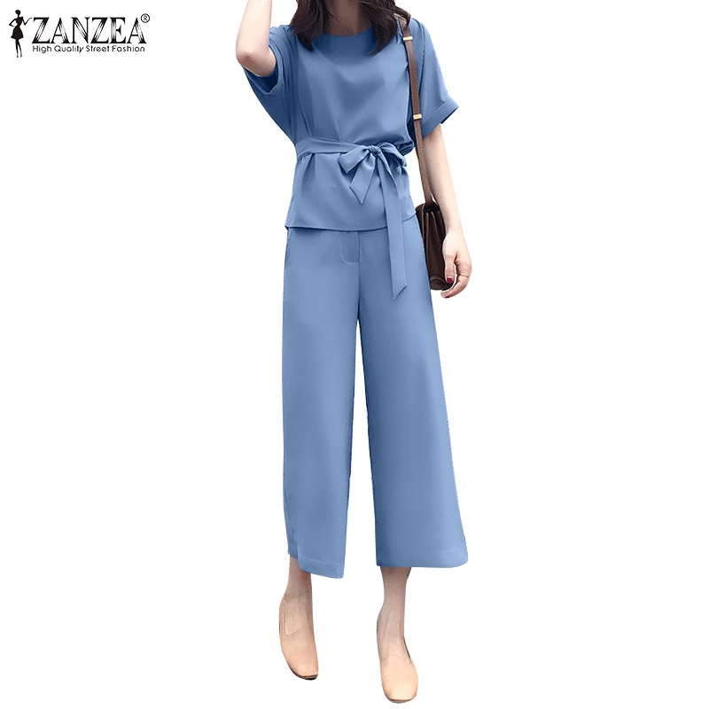 Zanzea 女士街頭時尚日常休閒套裝 O 領純色半袖繫帶上衣 + 彈性腰踝長褲