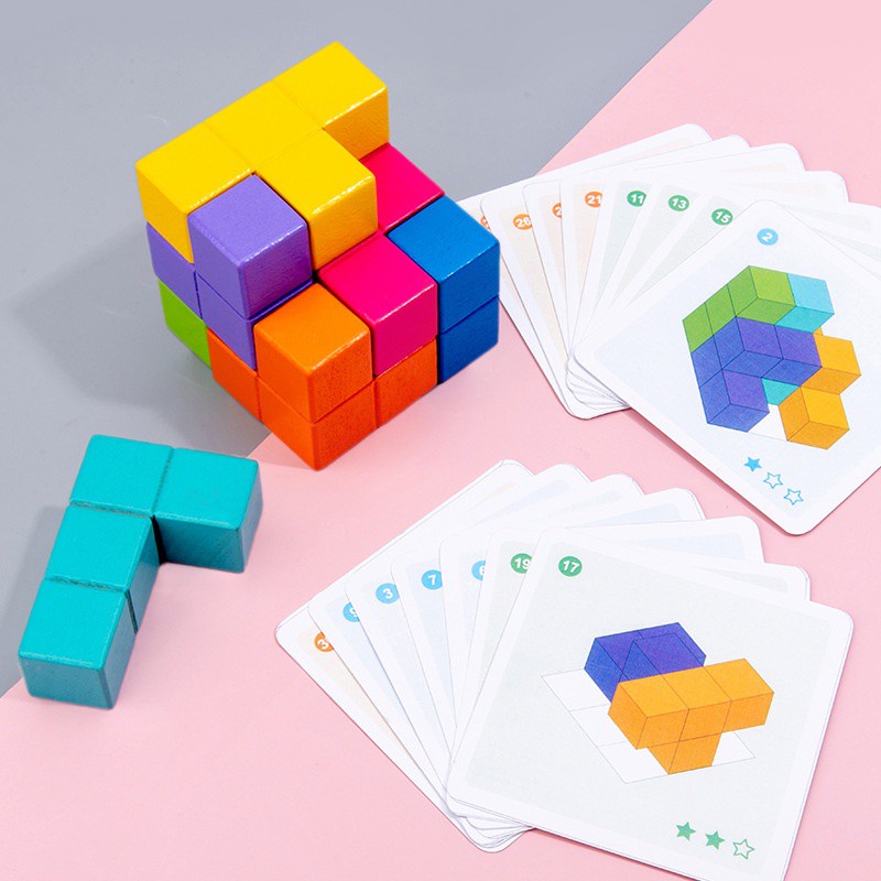 CC精選||兒童思維魔方索瑪積木方塊立方體之謎益智早教七巧板教具木質玩具
