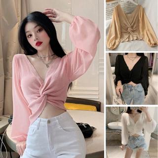🌱Comeandbuy🙋低胸深v上衣女 夏性感短版鎖骨T恤 設計感露肚燈籠長袖短版小心機V領薄款空調上衣罩衫ins潮