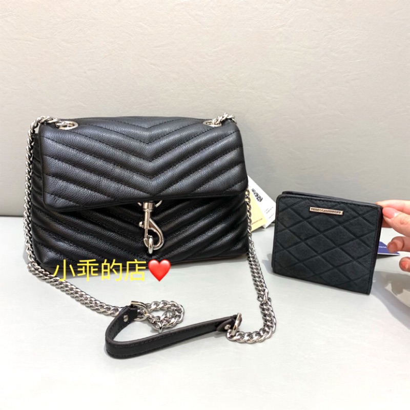 正品💖Rebecca Minkoff Edie Crossbody 新品斜紋黑色銀鍊肩揹側揹包  21公分小款