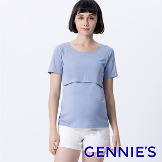【Gennies 奇妮】上掀式彈力孕婦哺乳上衣-淺藍(T3L10)