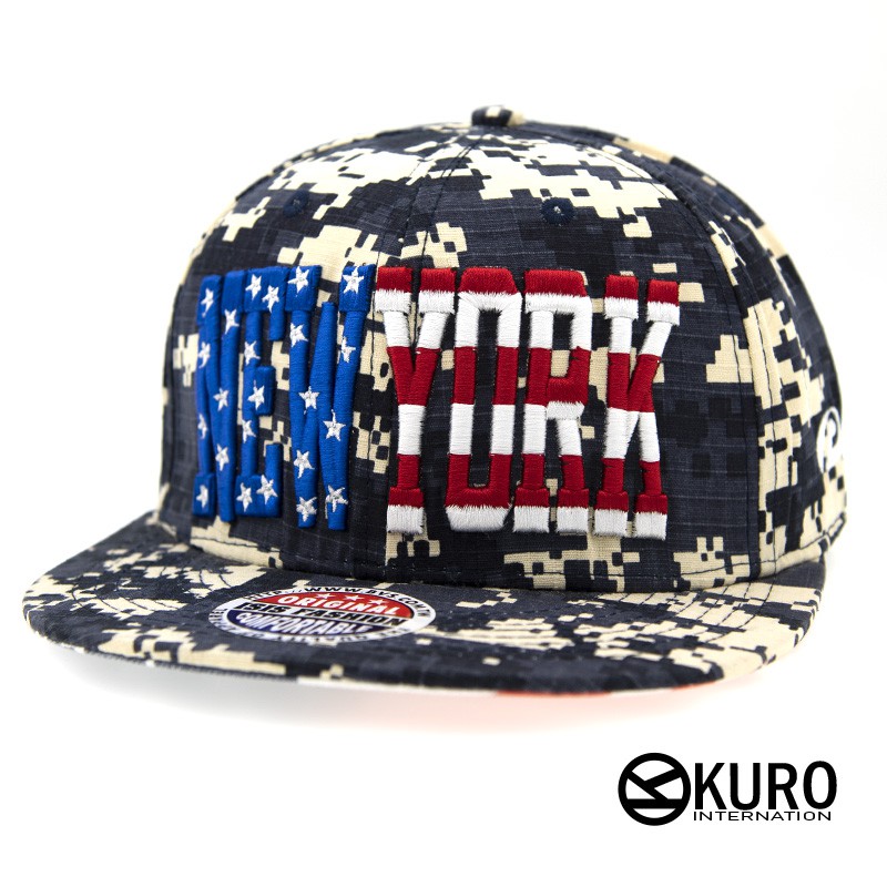 KURO-SHOP潮流新風格-灰色系 馬賽克迷彩 NEW YORK 美國旗 電繡 棒球帽 板帽