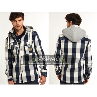 現貨正品 英國 極度乾燥 Superdry Huntsman 重磅 棉 藍白格 襯衫 連帽外套 帽子可拆 重磅夾克 帽T