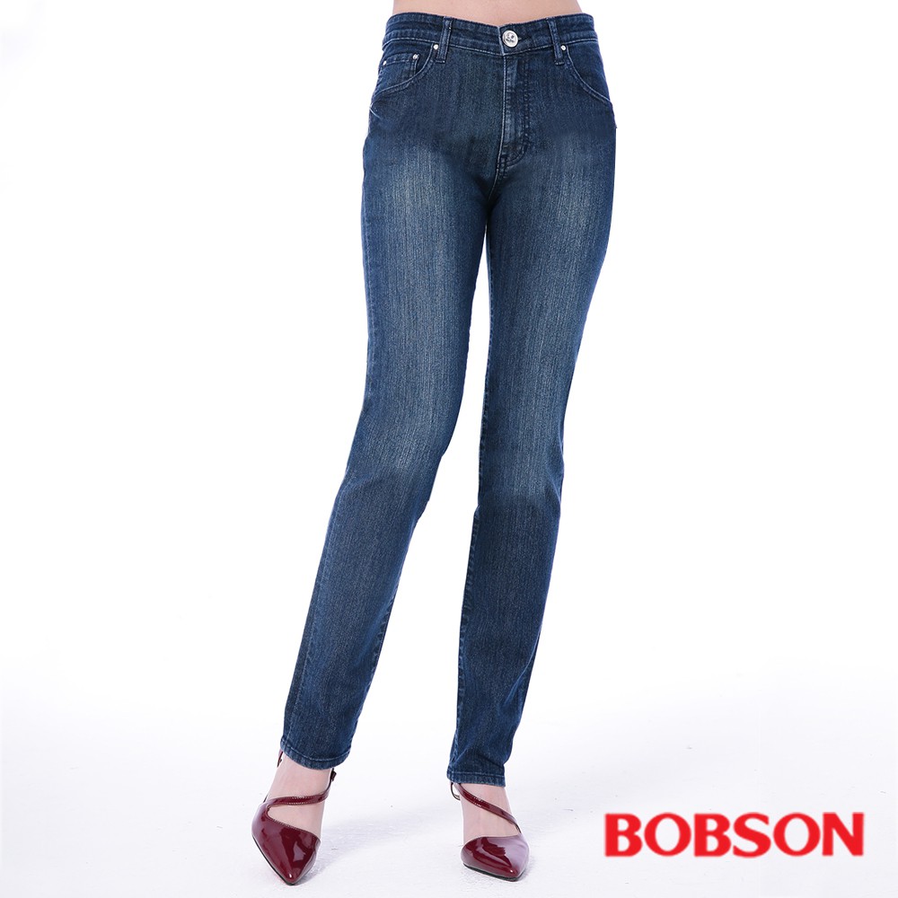 BOBSON 女款高腰刺繡鑽飾小直筒褲8101-52