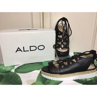 全新-ALDO 黑色真皮綁帶羅馬厚底涼鞋
