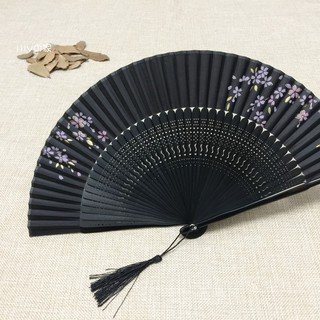 臺灣現貨 貓熊繽雰 優雅東洋風櫻花燙金花朵扇子6吋日式黑色櫻花真絲烤漆小扇和風古典古風夏季隨身女摺扇古典舞COS黑粉