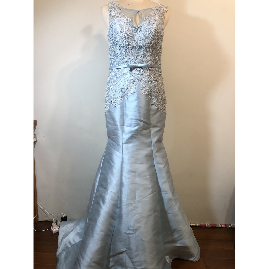 水藍色蕾絲水鑽緞面魚尾禮服婚紗