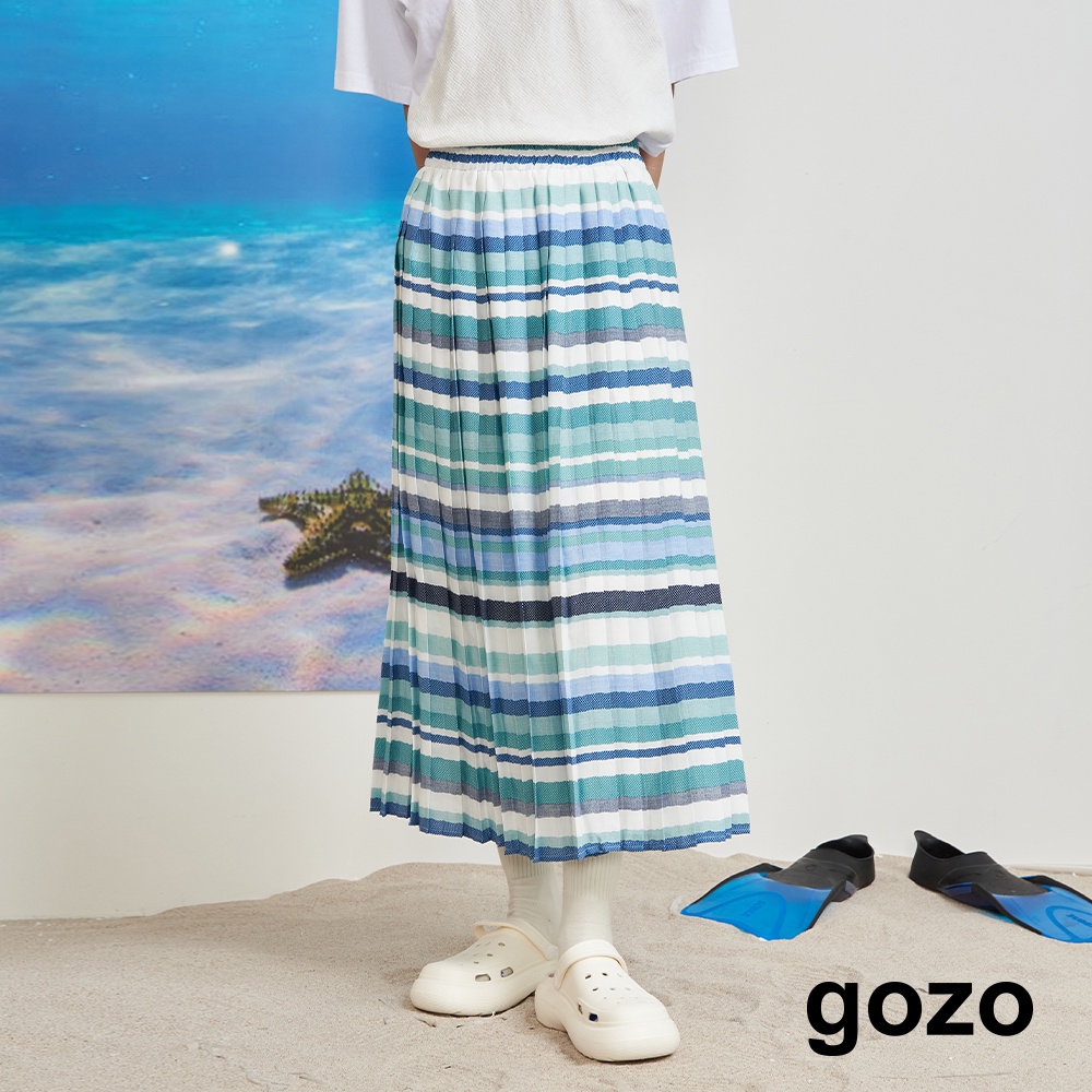 【gozo】海洋風條紋壓摺裙(藍色_F)｜女裝 休閒 百搭