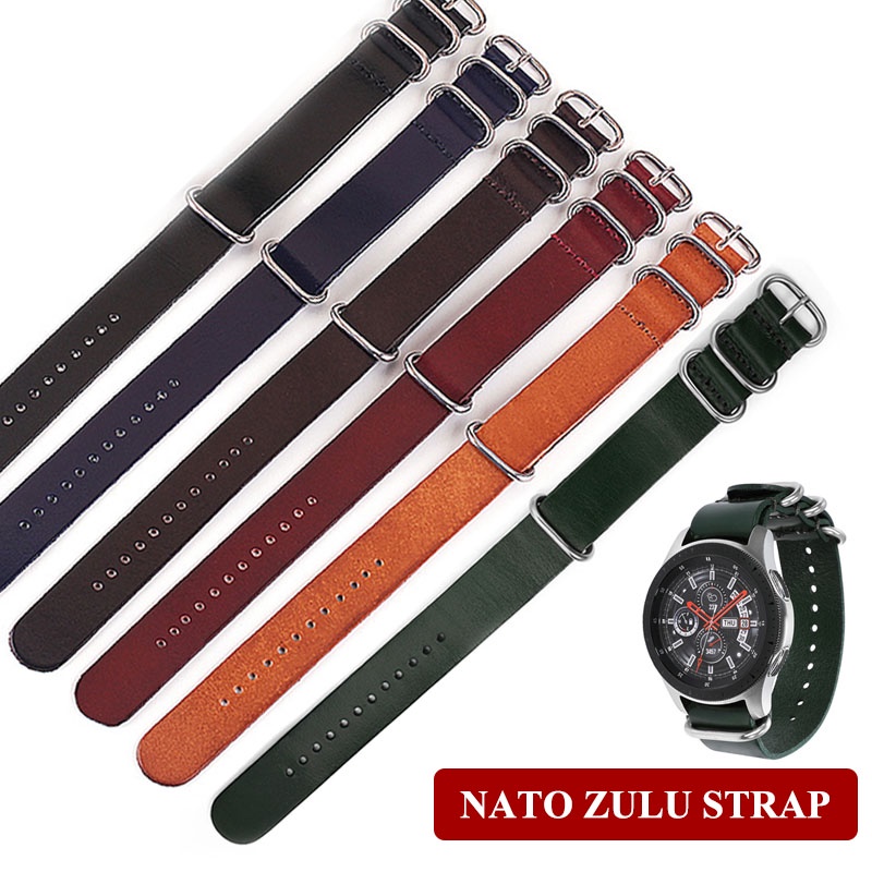 頭層牛皮皮革錶帶 一條過NATO Zulu 銀色環扣錶帶油性復古腕帶手鍊錶帶 14/16/18/20/22/24mm