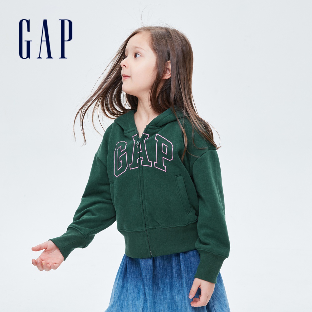 Gap 女童裝 Logo刷毛落肩袖連帽外套 碳素軟磨系列-松樹綠(736215)