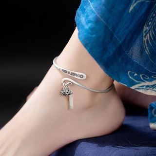 銀腳鐲女純銀古風腳鏈復古雕刻花紋流蘇吊墜開口可調整銀鐲子腳環