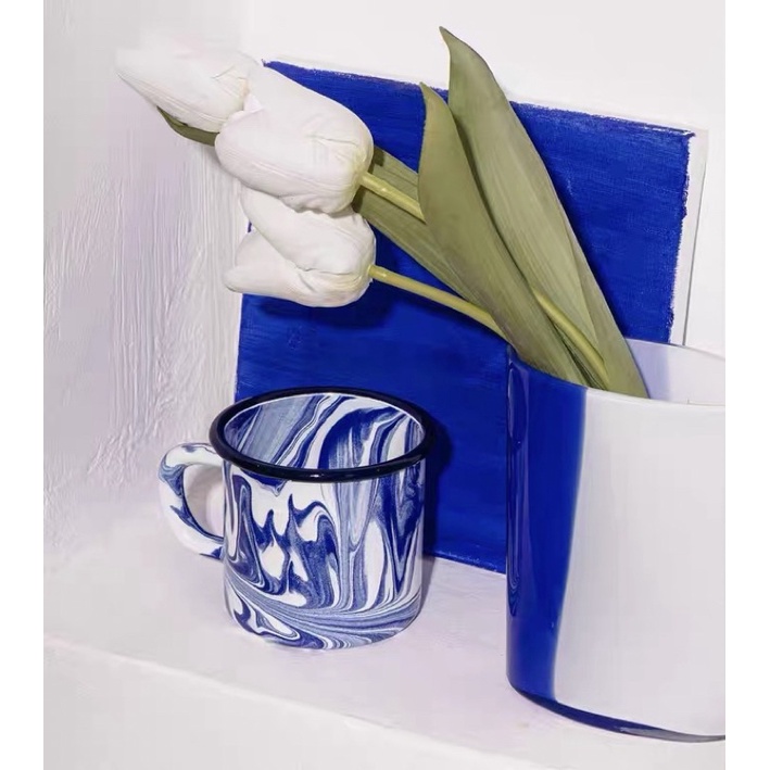 復古大理石克萊因藍渲染搪瓷珐瑯馬克杯盤子組