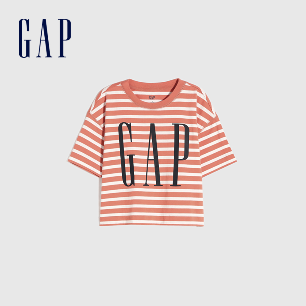 Gap 女童裝 Logo條紋短袖T恤 厚磅密織親膚系列-橙色條紋(684030)