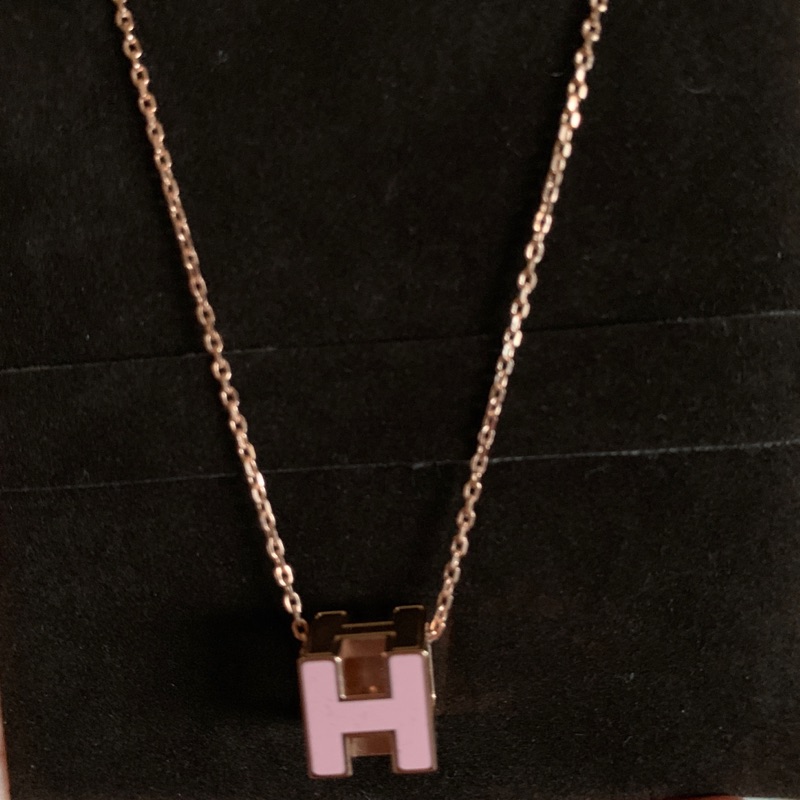 HERMES 愛馬仕 H方塊立體粉紅色玫瑰金項鍊