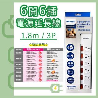 【動手族-居家生活百貨館】 🔥台灣現貨🔥 飛利浦6開6插3P電源延長線