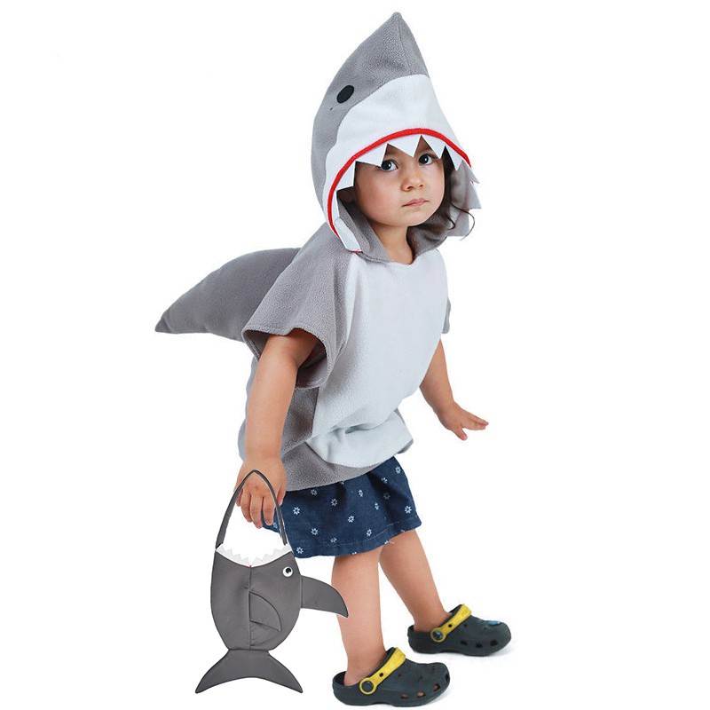 新款可愛寶寶海洋鯊魚服裝兒童鯊魚角色扮演連身衣帶卡通鯊魚包萬聖節聖誕舞台服裝派對裝扮