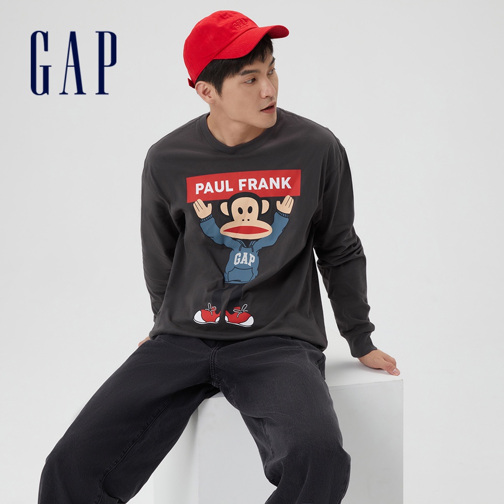 Gap 男裝 Gap x Paul Frank聯名 Logo純棉長袖T恤-灰黑色(451088)