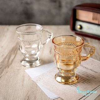 《GrayShop》復古浮雕玻璃杯 琥珀色 高腳杯 華麗奢華把手浮誇 網美 水杯宮廷風 美食攝影道具 拍照道具杯子