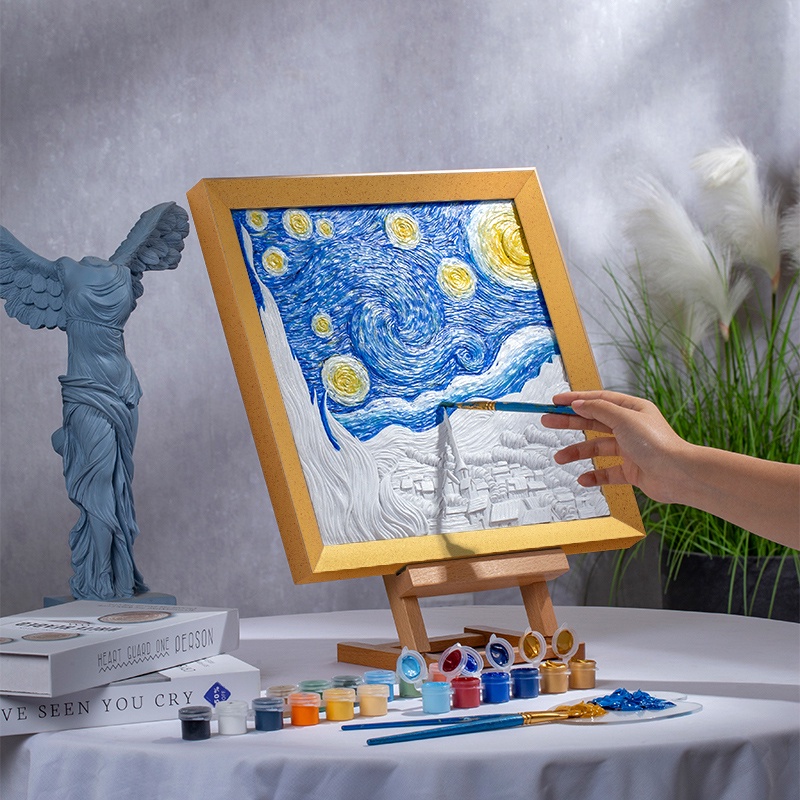 玩作梵高星空手繪立體浮雕數字油畫DIY填充塗色丙烯向日葵禮物畫