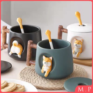 M.P 立體陶瓷柴犬馬克杯 創意卡通杯子 可愛水杯 個性咖啡杯帶蓋勺 情侶水杯 柴犬杯子 禮物