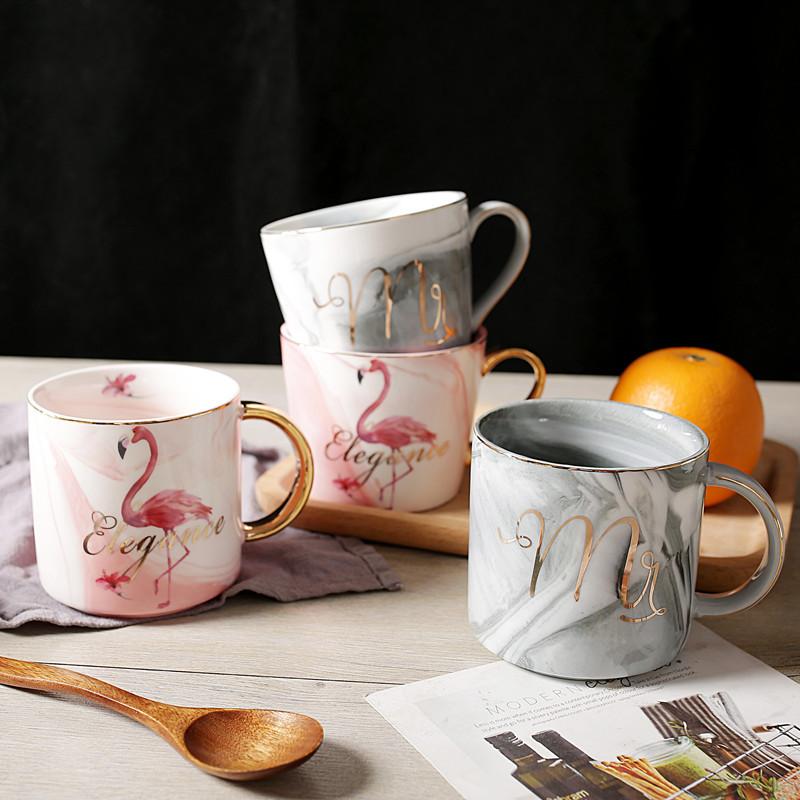 北歐大理石紋馬克杯 創意火烈鳥馬克杯 陶瓷咖啡杯  情侶杯子
