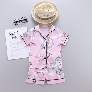 男女童夏季模擬絲短袖家居服 睡衣套裝 兒童寶寶卡通印花短袖睡衣 +睡褲 兩件套