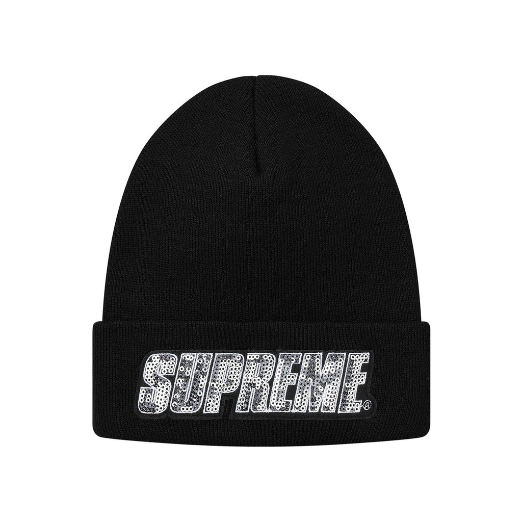 【紐約范特西】預購 2017FW 秋冬新品 Supreme Sequin Beanie 黑色亮片字體反摺毛帽