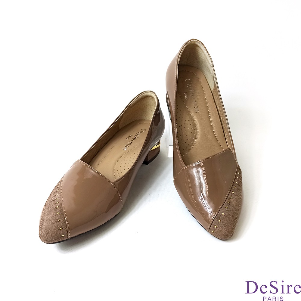 【DeSire】異材質拼接造型尖頭低跟樂福鞋-茶色(0367007-86)