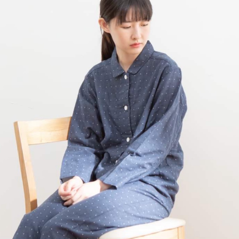 Muji無印良品女有機棉無側縫二重紗織家居睡衣深藍紋樣m 蝦皮購物