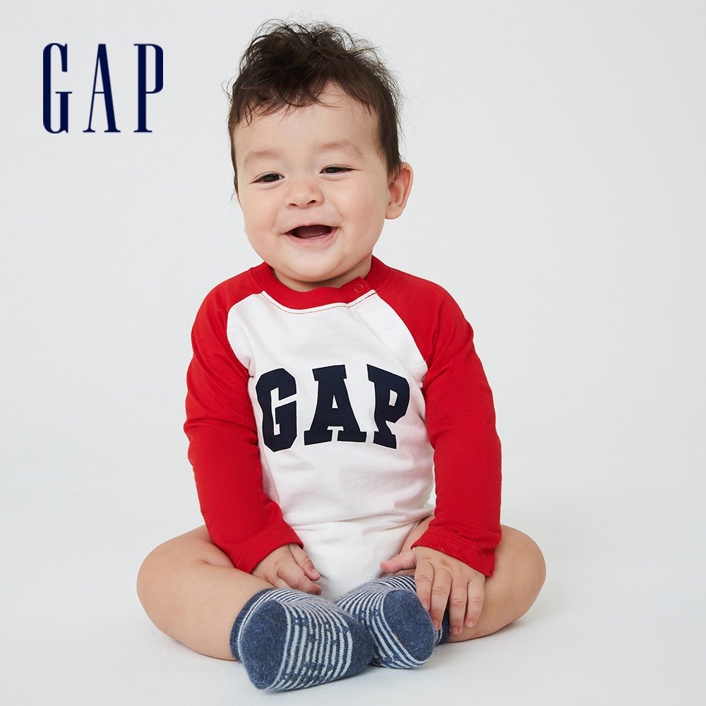 Gap 嬰兒裝 Logo純棉長袖包屁衣-白色(732577)