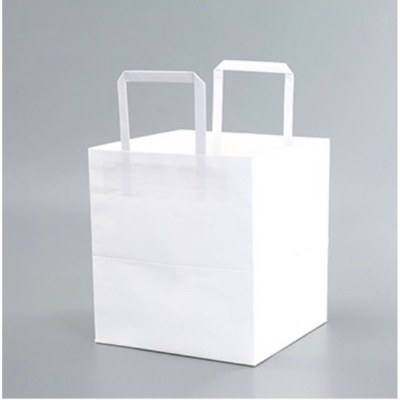 ▵甜日莊烘焙▵ 牛皮手提紙袋 8吋厚款方形 白色牛皮紙袋 扁提繩手提紙袋 外帶提袋 蛋糕提袋 飲料提袋 衣服提袋