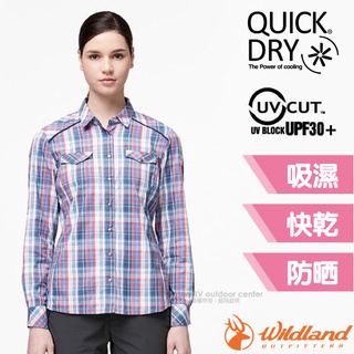 【荒野 WildLand】女款 彈性抗UV格子長袖襯衫 休閒排汗衫 防曬UPF30+ 0A91201-72 深藍色