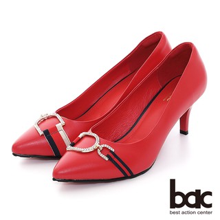 【bac】織帶D釦鑽飾尖頭高跟鞋-紅色