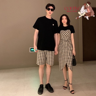 【COUPLE】🎉🎉情侶裝夏季2022新款女格子假兩件短袖連衣裙男黑色T恤衫套裝